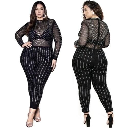 Plus Size S-5XL Women Sexy Stretch Mesh Jumpsuits Charming O-Neck High Waist Sparkling Rhinestone See-through Clubwear Rompers
