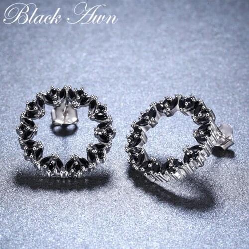 Cute Boucle D'Oreille Femme 2018 Round 925 Sterling Silver Black Spinel Engagement Earrings for Women Fine Jewelry Bijoux I070