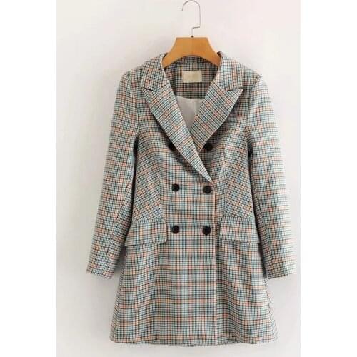 Spring Autumn Double Breasted Blazer Outwear For Women Vintage Plaid Long Suit Coat Ladies Short Blazer Dress