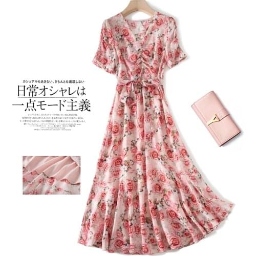 High Quality 100% Silk Summer Dress 2021 Floral Long Dress Female Korean Fashion Dresses for Women Casual Robe Femme Pph4820