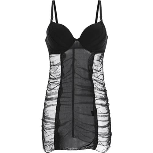 Women Lace Lingerie V Neck Sexy Sleepwear Strap Chemise Back See Through Design Slim Sleeveless Elastic Nightgown