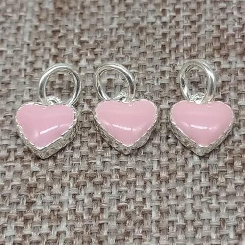5 Pieces of 925 Sterling Silver Pink Love Heart Charms with Enameled for Bracelet Necklace