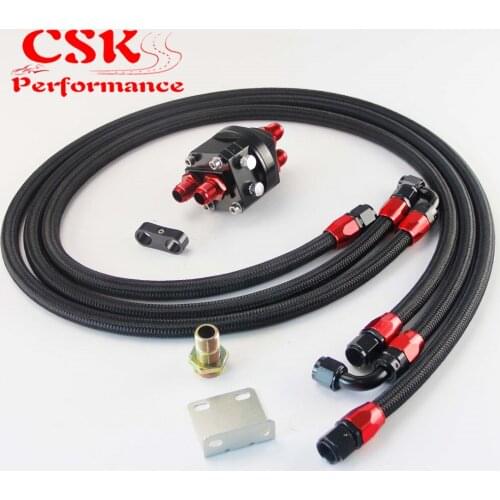 AN8 Oil Filter Sandwich Adapter + AN8 Nylon Braided or SS Braided Hose Kit Black / Blue