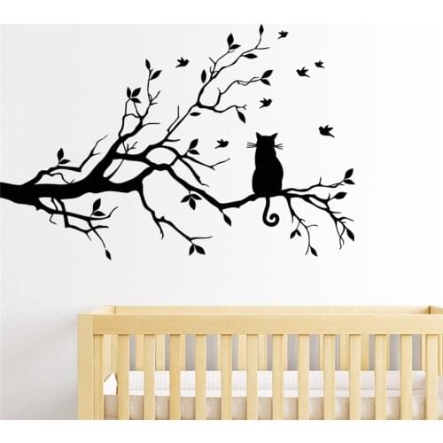 Black cat on tree branch wall decals for kids room living room art home decoration removable stickers diy vinyls