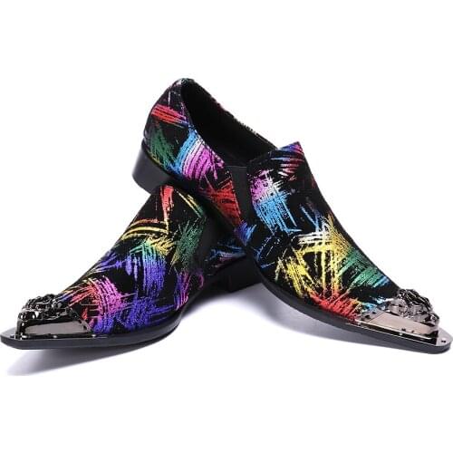 Christia Bella New Pointed Toe Multicolour Print Men Shoes Plus Size British Style Men Suede Leather Formal Party Dress Shoes