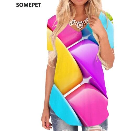 SOMEPET Colorful T Shirt Women Pattern Tshirts Printed Rainbow V-neck Tshirt Creativity Shirt Print Womens Clothing Fashion