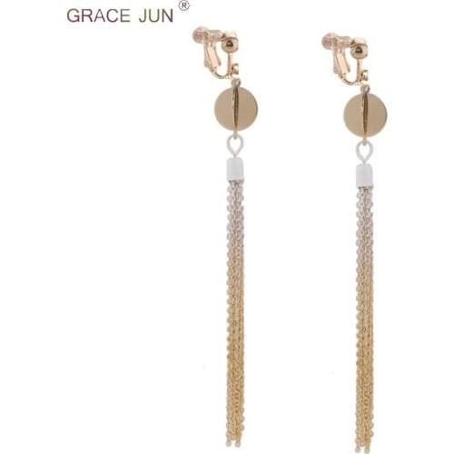 GRACE JUN Korea Style Fashion Colpper Material Painting Gold Color Long Tassel Clip on Earrings and Pierced Earrings for Women