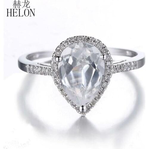 HELON Solid 14k White Gold Flawless Pear 10x7mm Natural White Topaz Diamond Women Engagement Wedding Fine Jewelry Diamond Ring