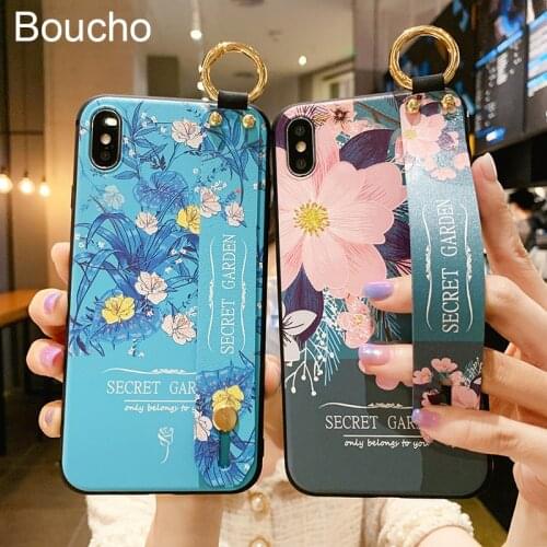 Boucho Classic flowers pattern Phone Case For iPhone 12 11 Pro Max XS Max XR X 8 7 6 s Plus SE 2020 Wrist Strap Holder Case