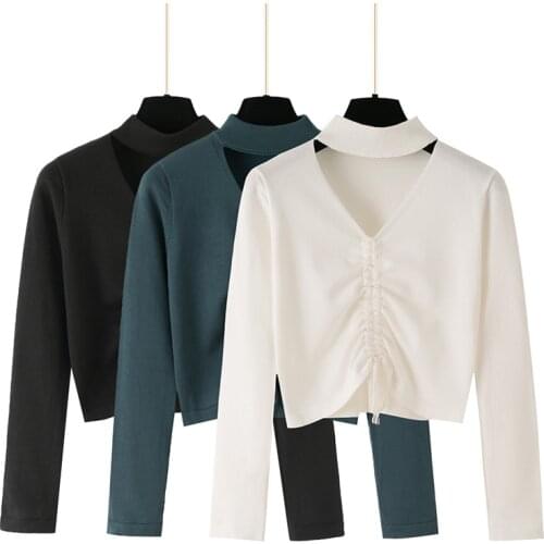 Short Womens Sweater Knitted Pullover V-Neck Sweaters Female Long Sleeve Drawstring Sweater Jumpers For Women Ladies Tops Black