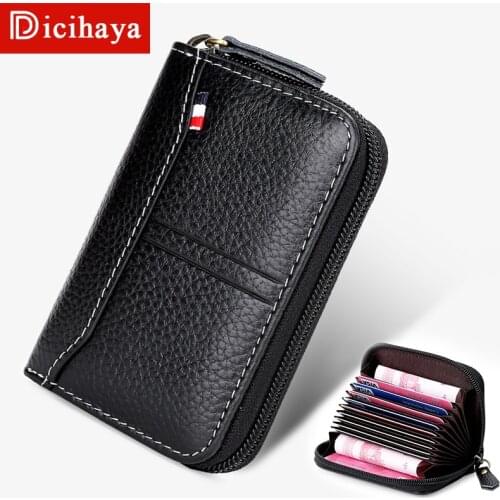 DICIHAYA Business Card Holder Women Men ID Credit Card Holder Card Wallet Leather Function Double Zipper Card Case Short Wallet