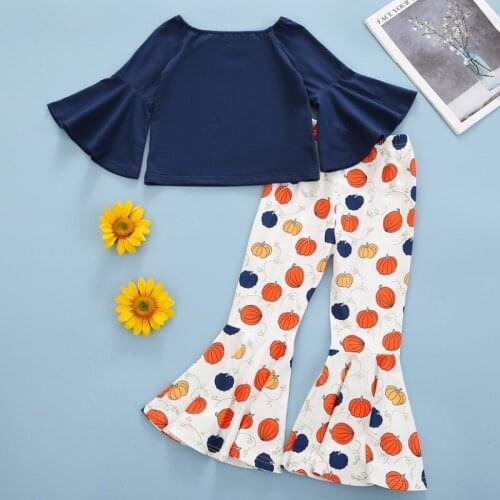 Kids Suit Set, Solid Color O-Neck Long Flared Sleeve Tops+ Pumpkin Flared Trousers for Toddler Girls Spring Autumn, 1-6 Years