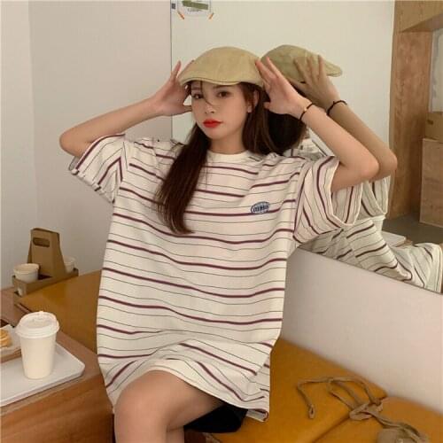 Summer new short-sleeved T-shirt womens striped printing loose large size medium and long style trendy wild loose