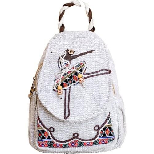 Linen Mini Canvas Backpack Women Casual Vintage Art Embroidered Chest Pack Shoulder Teenager Girls Retro School Student Book Bag