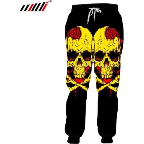 UJWI Mens Casual Sweat 3D Pant Joggers Harem Pants Funny Print Yellow Skull Head Sweatpants Slim Fit Full Length Pants