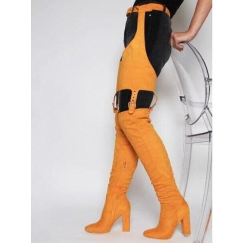 Solid Black Yellow Python Suede Leather Woman Belts Cuts Out Chunky Heels Over The Knee Pointed Toe Thigh Long Boots