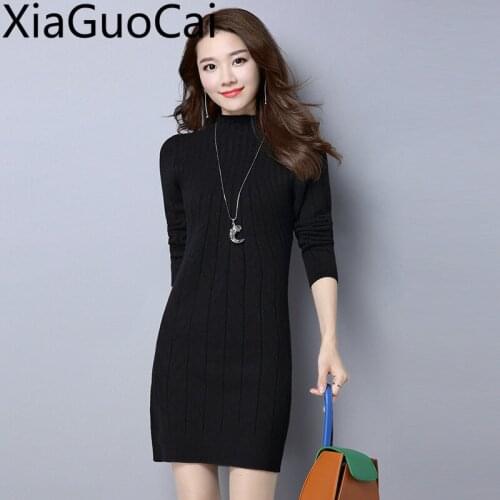 Autumn and Winter Black Women Long Knitted Sweaters Bottoming Slimming Ladies Sweaters Dress Thick Women Pullovers