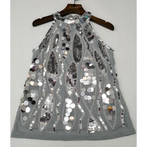 Stunning Women Beaded Sequin Tank Top Sexy Halter Sleeveless Cold Shoulder Short Vest Top with Appliques Festival Raves Clubwear