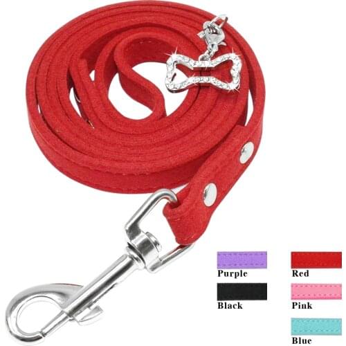 Soft Suede Leather Dog Leash Puppy Cat Walking Leads With Rhinestong Bone Pendant For Chihuahau Yorkshire Pink Blue Black