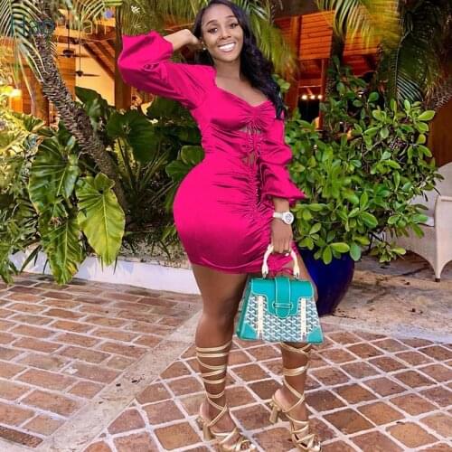 HAOYUAN Sexy Cut Out Bandage Mini Dress Lantern Sleeve Glossy Ladies Club Outfits Festival Clothes for Women Night Party Dresses