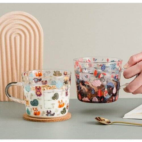 Large Capacity Graduated Glass Milk Cup Cute Nordic Cup Fruit Tea Coffee Cute Cartoon Vasos De Vidrio Kitchen Dining Bar EB5BL