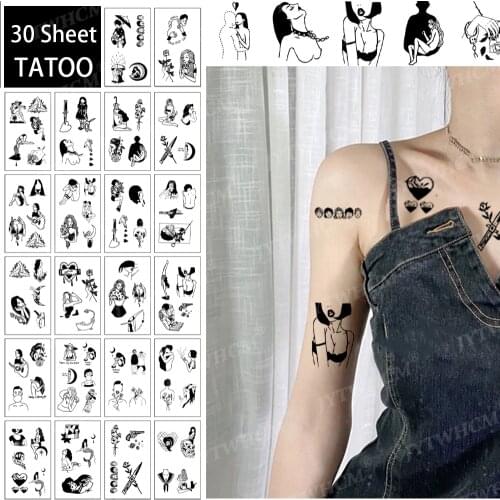 30 Sheets Temporary Tattoo Stickers Dark Black Moon Dark Wind Manga Portrait Girl Japanese Tatto Fake Tatoo Waterproof Sticker