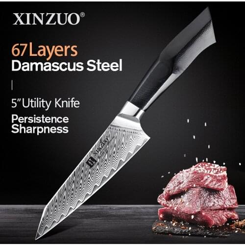 XINZUO 5'' inch Utility Knife Damascus Steel Blade Kitchen Knife Stainlesss Steel Salad Peeling Knives Razor Sharp G10 Handle