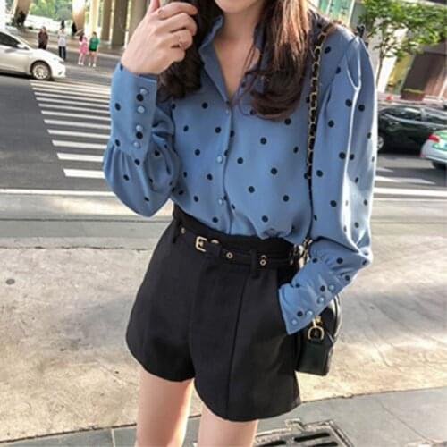 Spring Summer women polka dot Stand collar Blue beige Long sleeve Casual Blusas Tops DD2359