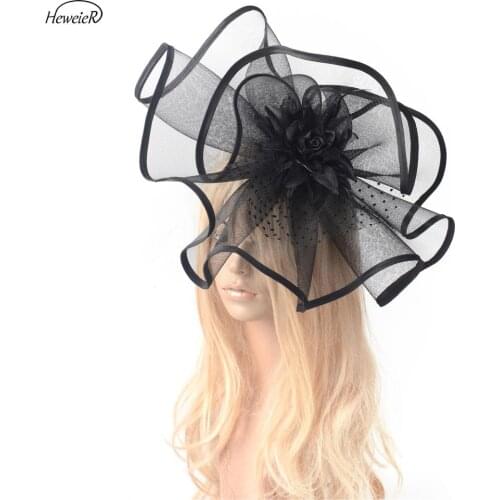 Black Large Handmade Fascinator Hat Flower Lace Cocktail Party Hair Clip Women Hair Accessories