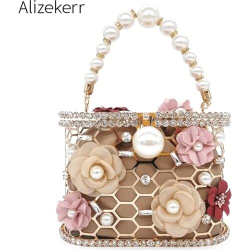 Flower Pearl Women Clutches Evening Bags Rhinestone 2020 Luxury Ladies Diamond Gold Clutch Purse Wedding Party Metal Honeycomb