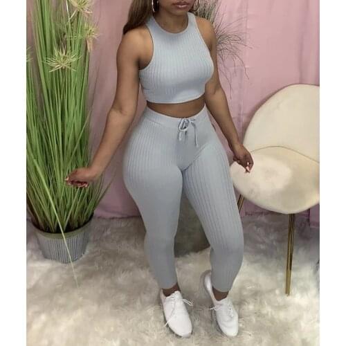 Adogirl Ribbed Two Piece Set Woman Sleeveless Tank Top And Pencil Pants Casual Fitness Sporty Outfits 2021 Summer Outfits