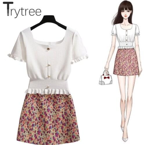 Trytree 2020 Summer Women two piece set Square Collar Solid White Tops + Skirt A-line Mini Print Fashion Elegant Set 2 piece Set