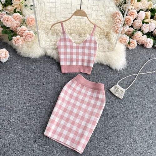 Sweet Plaid Knitted Sexy Crop Top + Bodycon Mini Skirt Suits 2pcs Women Outfits