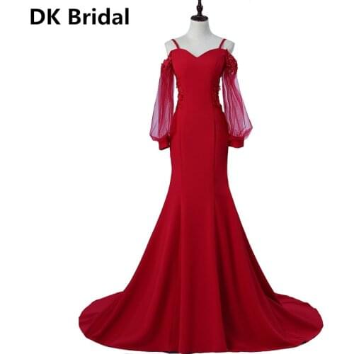2019 Appliques Beaded Lace-up Robe De Soiree Mermaid Burgundy Long Evening Dress Backless Party Vestido De Festa