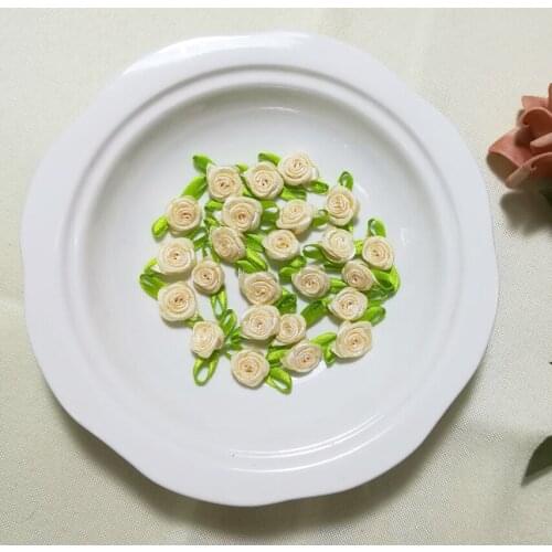 10pcs Flower Applique Green Leaf Beige Rose Patch Sewing Fabric Dress Trim Stickers Parche Patches For Clothing parches ropa K01