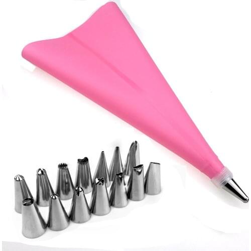 16PC/Set Silicone Kitchen Accessories Icing Piping Cream Pink Pastry Bags +14 Stainless Steel Nozzle Tips Cake Decorating Tools