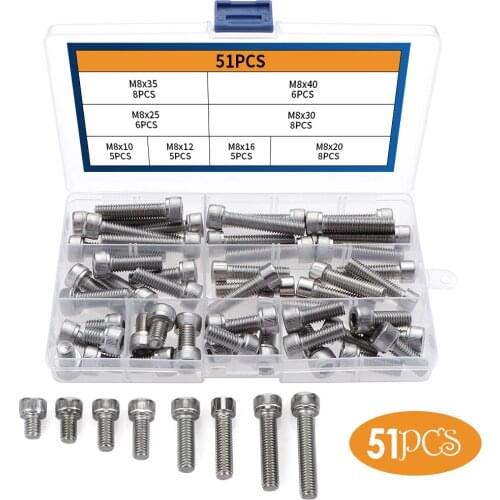 304 Stainless Steel M8 Bolts Hex Socket Screws Round Cap Head Screw Bolts Assortment Kit Sets 51Pcs/Box