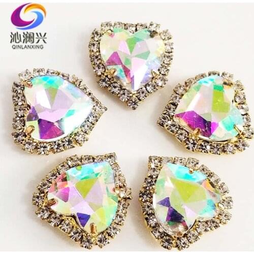 AB color heart shape Crystal glass buckle,gold bottom sew on rhinestones for Diy/jewelry accessories 12mm/14mm/18mm 10pcs SWHK06