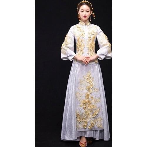 Beige White Chinese Slim Traditional Dress Wedding gown Female Long Sleeve Cheongsam Qipao for Overseas Chinese Wedding Party
