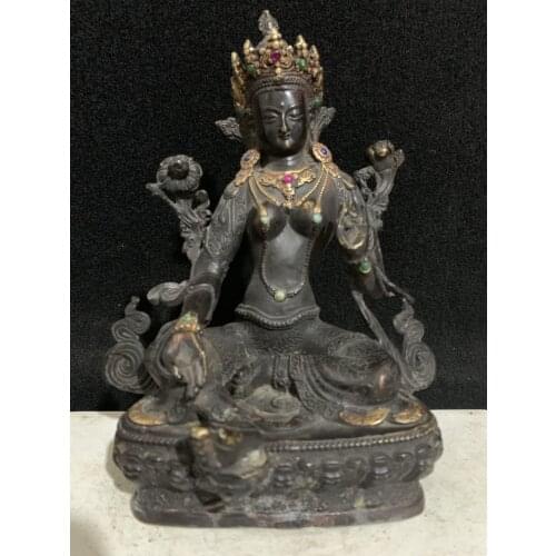 9"Tibet Buddhism Old Bronze Gilt mosaic gem Green Tara Bodhisattva Holy Salvation Buddha Enshrine the Buddha