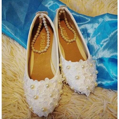 Ivory lace pearls bridal wedding flats shoes plus size small big sizes available ladies girls party lace flats shoes women