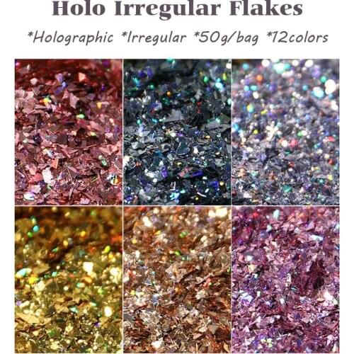 1-2mm Tiny Flakes Laser Glitter Broken 12color Irregular Freedom Shiny Fillings Decors Holographic Poly Nailart Hologlitters 50g