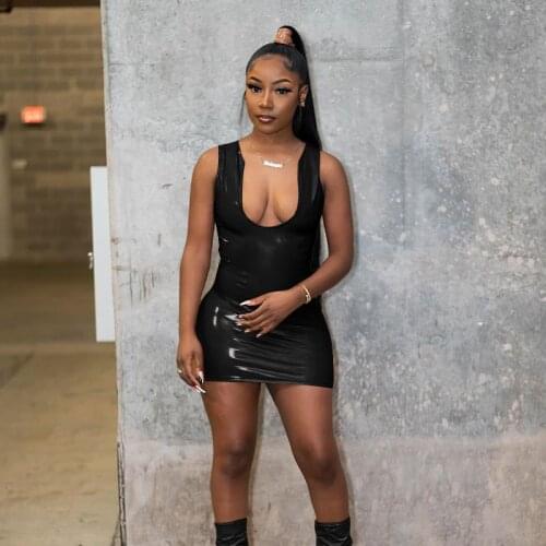 Elegant Solid Bodycon Faux PU Leather Dress for Women 2021 Sexy Deep V Neck Sleeveless Black Brown Club Party Women Dresses