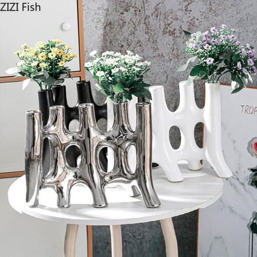 European Abstract Ceramic Vase Electroplating Wire Drawing Crafts Art Desktop Irregular Vases Modern Home Decoration Accessories