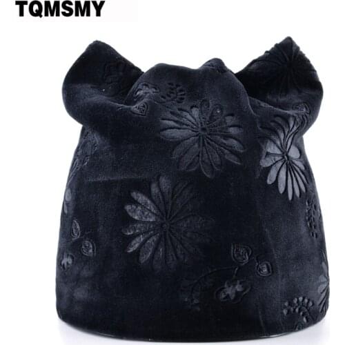 TQMSMY Flannel fabric hats for Womens autumn Beanies girls Lovely Cat Ear Hat Ladies Print Flower pattern bone winter cap women