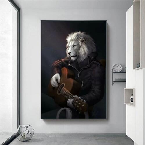 Animal Art Painting Print On Canvas Wall Canvas Art Lion Gentleman Playing Guitar Picture for Living Room Quadros Home Decor