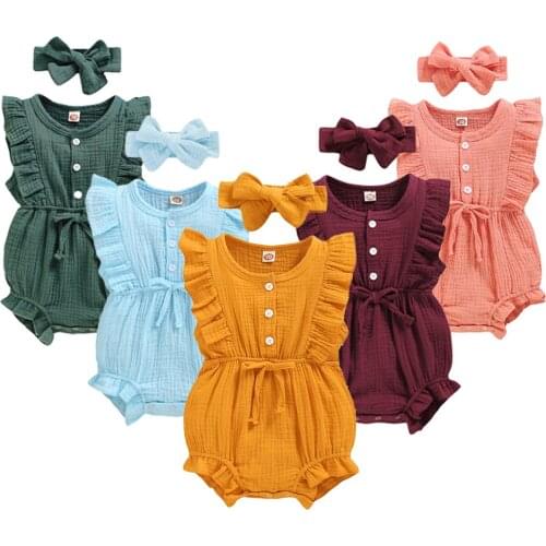 Baby Girl Rompers with Bow Headband Cotton Linen Casual Clothes Ruffles Baby Jumpsuit for Newborns Candy Color Boy Onesie 0-2T