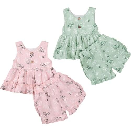 Toddler Baby Girl’s Ruffles Vest Shorts Suit Fresh Floral Printed Ruffle Hem Tops Short Pants 0-4T