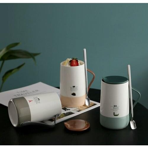 Creative simple art home ceramic coffee cup with spoon cover couple cup office coffee cup Pu'er cup WF902440