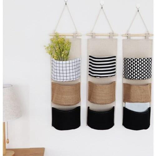 3/4 Pockets Wall Mounted Wardrobe Organizer Sundries Storage Bag Linen Fabric Hanging Pocket Organizer Home Bedroom Holder